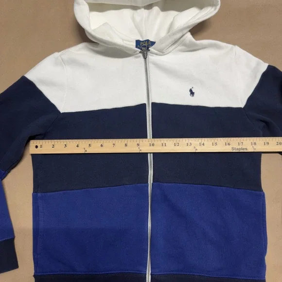 Polo Ralph Lauren Kids Boys L 14-16 Colorblock Full Zip Hoodie White Navy Blue - Picture 8 of 12